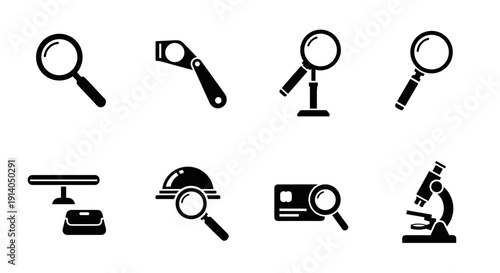Research icons set with microscope magnifier and analysis tools vector
