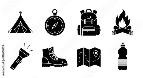 Camping icons set with tent backpack compass and fire vector
