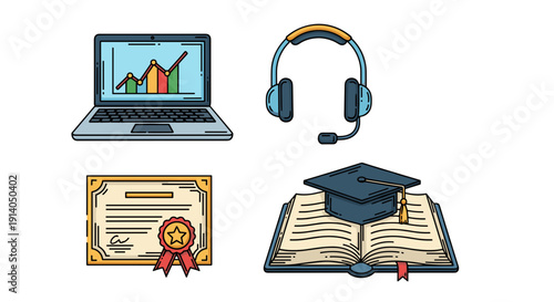 Online Education Icons with Laptop, Headphones, Diploma, and Graduation Cap