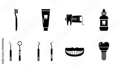 Dental icons set with toothbrush toothpaste braces and implant vector
