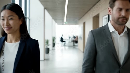 Two professionals, a woman and a man, walk and talk in a modern office hallway with artwork on walls