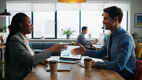 Two professionals collaborate, reviewing charts on a laptop, discussing work over coffee in a bright office