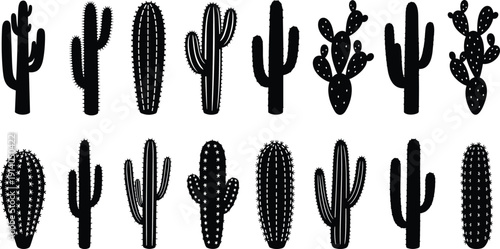 Black, cactus, silhouettes, collection, featuring, saguaro, prickly, pear, and, desert, succulents, for, nature, southwest, landscape, garden,