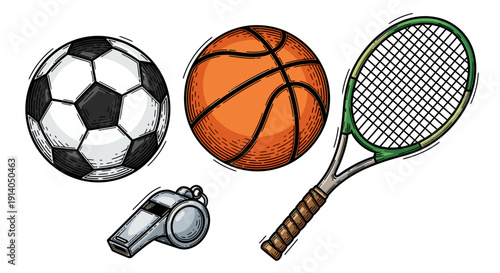 Sports Equipment Collection with Soccer Ball, Basketball, Whistle, Tennis Racket
