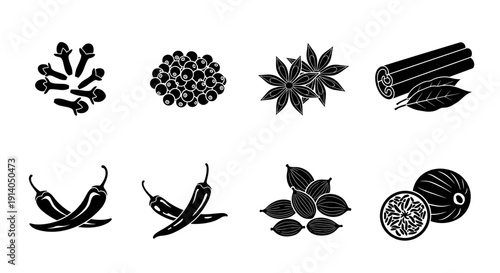 Spice icons set with chili cinnamon pepper and leaves vector
