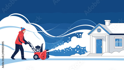 Person in a red winter jacket uses a snowblower to clear a deep path in the snow in front of a house during a cold winter night.