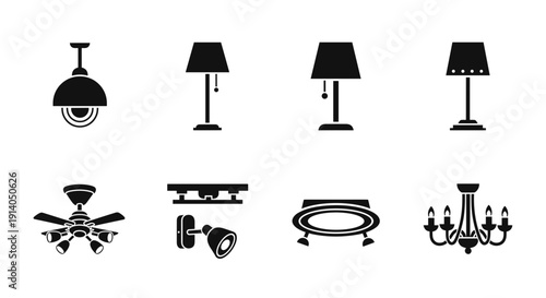 Modern Home Lighting Fixtures and Ceiling Fans Icon Set