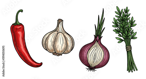 Colorful illustration of chili pepper, garlic, onion, and rosemary herbs