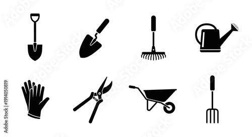 Farm tools icons set with shovel rake wheelbarrow and gloves vector
