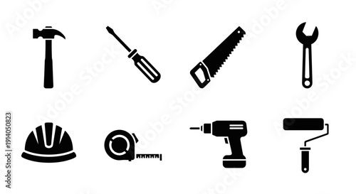 Construction tools icons set with hammer drill helmet and wrench vector
