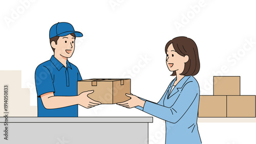 Smiling delivery person in a blue uniform and cap hands a cardboard package to a woman at a service counter in a warehouse.