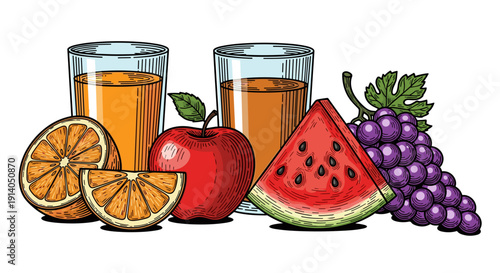 Fresh Fruit and Juice Glasses Illustration