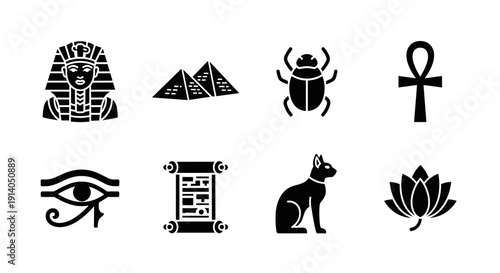 Egyptian symbols icons set with pyramid pharaoh eye lotus and cat 
