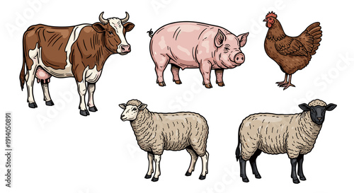 Farm Animals Illustration with Cow, Pig, Chicken, and Sheep