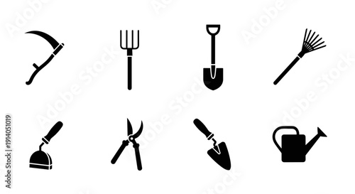 Garden tools icons set with rake shovel watering can and shears vector

