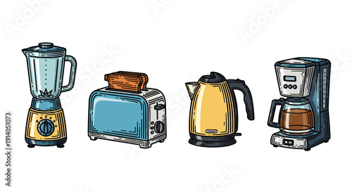 Colorful Kitchen Appliances Lineup Blending Cooking Essentials