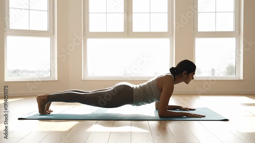 Woman in plank pose on mat in bright room with large windows