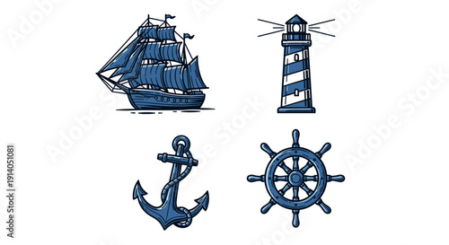 Nautical Symbols, Ship, Lighthouse, Anchor, Steering Wheel, Blue Icons
