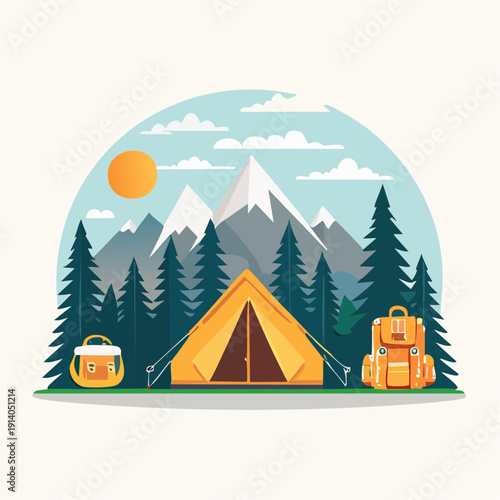 Vibrant Illustration of a Camping Scene with Tent, Mountains, and Backpack