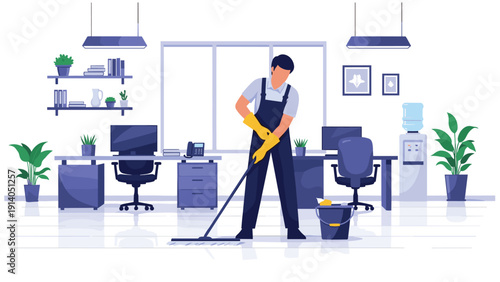 Janitor in blue overalls and yellow gloves mops the white floor of a clean modern office space filled with desks and indoor green plants.