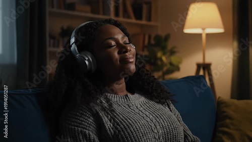 Woman wearing headphones and relaxing on a couch in a dimly lit room