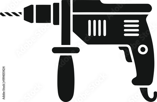 Electric Power Drill Silhouette Icon Professional Construction Tool Equipment Symbol Black Design Isolated on Light Background