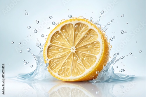 Fresh Lemon Slice Splashing Water with Citrus Juice and Refreshing Summer Concept