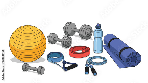 Diverse collection of fitness equipment including an exercise ball, dumbbells, yoga mat, and resistance bands arranged on a white background.