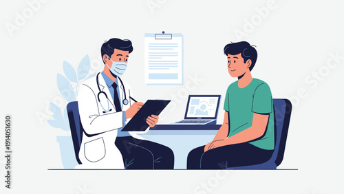 Professional doctor in a face mask takes notes on a clipboard during a medical consultation with a young male patient in a modern clinic.