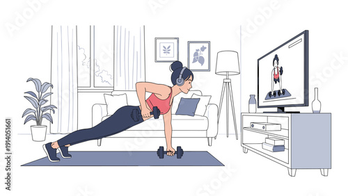 Fit woman performs a side plank exercise with dumbbells in her living room while watching a virtual training video on a large television.