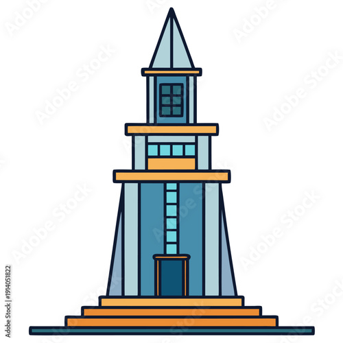 Blue linear lighthouse building with glass windows and orange accents on tiered foundation illustrative design