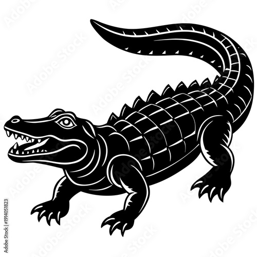 Intricate black and white alligator illustration showcasing detailed scales and bold lines in dynamic pose on white background