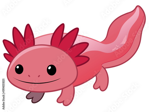 Playful pink axolotl cartoon with adorable expression and vibrant red appendages against a white background for children's animation or educational content