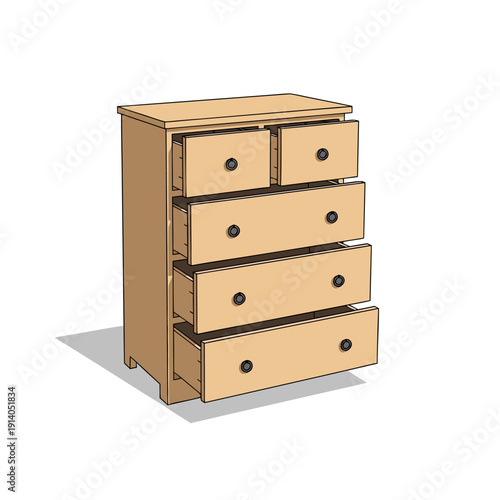 Wooden chest of drawers with open dovetail construction and five spacious storage compartments for home and office organization