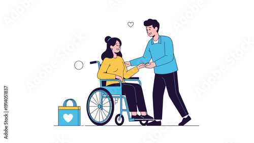 Kind young man helps a smiling woman in a wheelchair against a simple background symbolizing inclusion and support for disabled people.