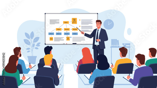 Professional businessman gives a lecture to a classroom of students using a whiteboard with a flow chart and diagrams for better learning.