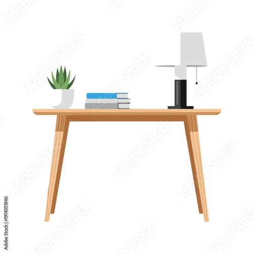 Minimalist wooden desk with books, lamp, and succulent plant on white background for modern workspace inspiration