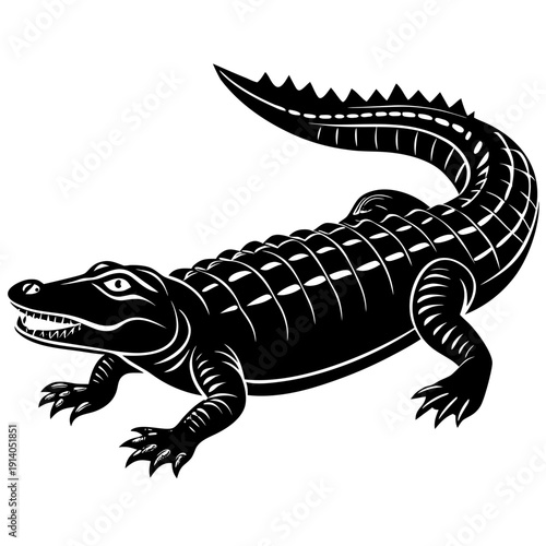 Stylized black silhouette of alligator with intricate scale details and emphasized features on a white background