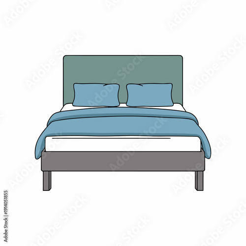 Minimalist bed design with teal headboard and twin blue pillows on modern grey frame in front view illustration