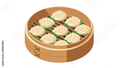 Traditional bamboo steamer basket is filled with fresh hot dumplings served on green leaves as a classic Chinese dim sum dish for a meal.