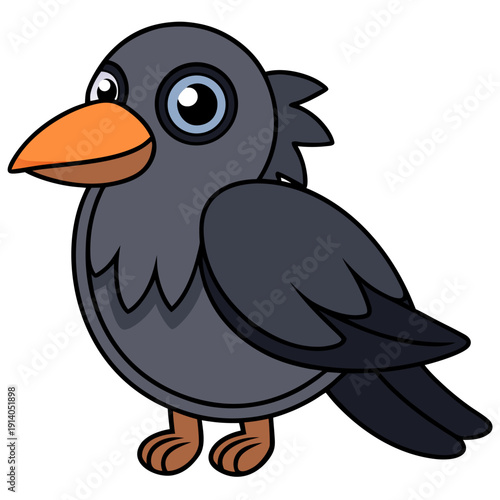 Cute cartoon crow with large orange beak and fluffy feathers on simple white background