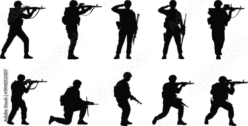 Group of ten black military personnel silhouettes in various action and saluting poses