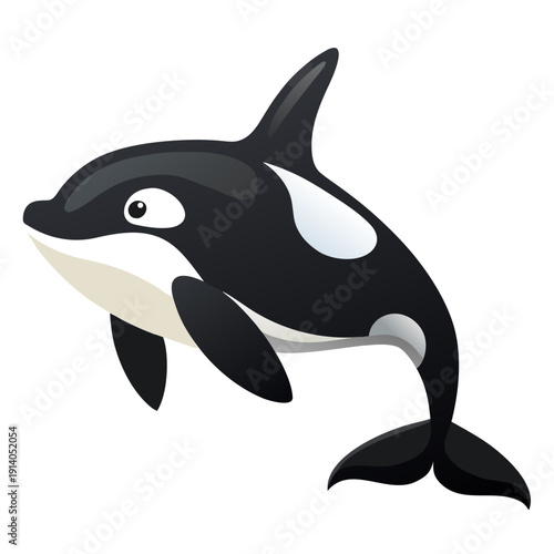 Colorful cartoon orca illustration featuring playful whale with black and white patterns on isolated background