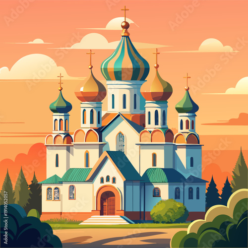 Vibrant sunset over orthodox church with colorful onion domes in serene forest landscape