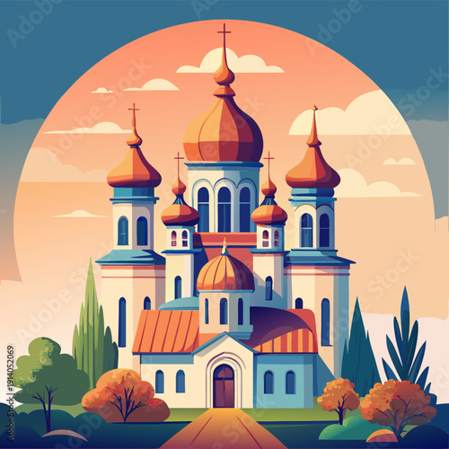 Colorful illustration of orthodox church with golden domes and scenic landscape under a sunset sky