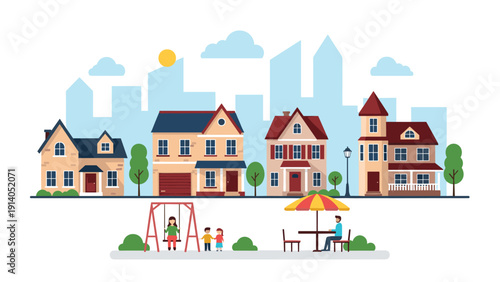 Beautiful neighborhood features a row of colorful suburban houses with a city skyline in the background and a park with children playing.