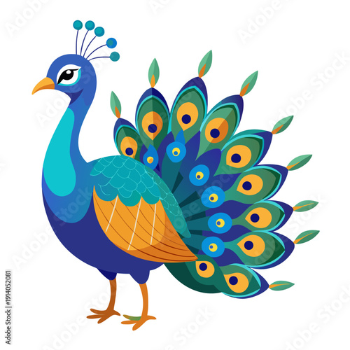 Vibrant peacock illustration showcasing stunning blue and green plumage with detailed feathers and intricate patterns on elegant tail