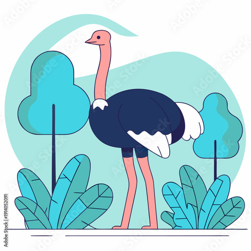 Colorful cartoon ostrich with blue hue and long legs standing among stylized trees and leafy plants in minimalist nature scene
