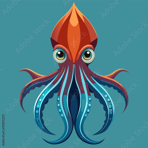 Vibrant cartoon squid with blue and red tentacles against solid teal background illustrating sea life character