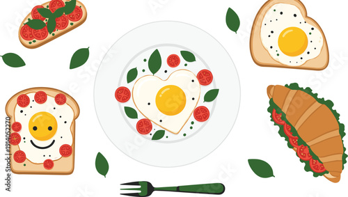 Cute breakfast food illustration set with fried egg toast croissant sandwich and plate elements flat vector design